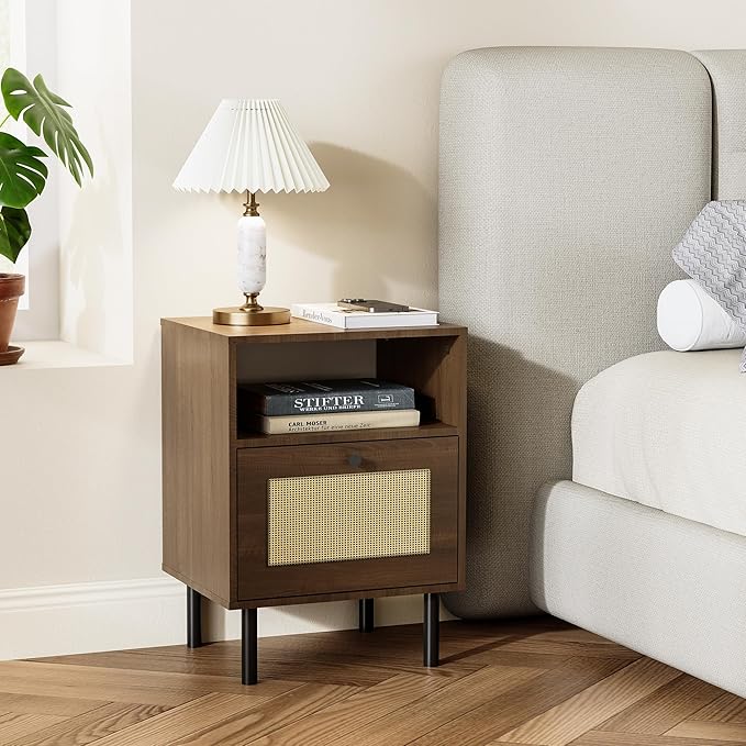 Rattan Nightstand with Storage Boho Modern Farmhouse Bedside Table with Drawer & Open Shelf Light Wood End Table for Bedroom, Living Room, Office, Dorm - Natural Walnut 0ak Color