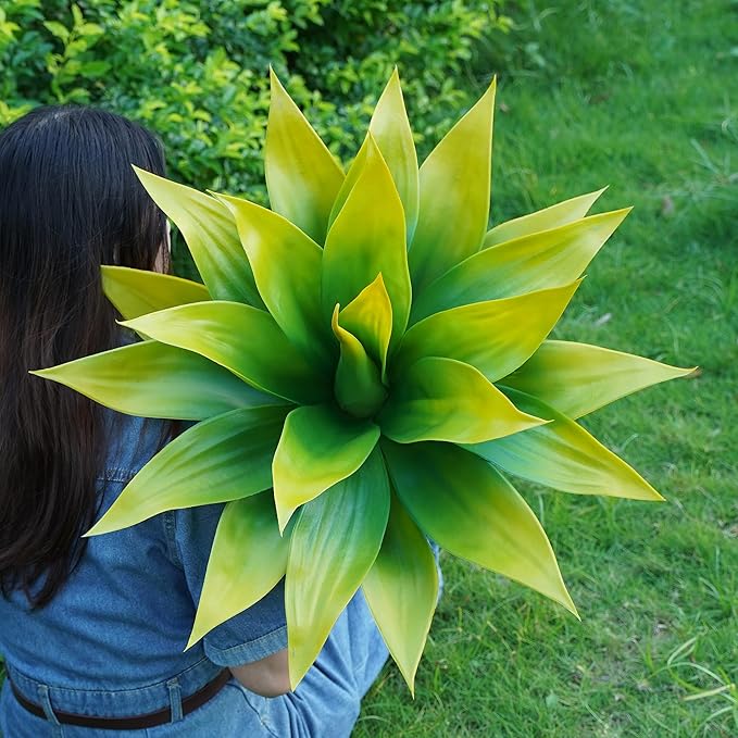 Artificial Flowers for Outdoors Artificial Agave 22'' Fake Plants Faux Agave Artificial Plants Outdoor Fake Flowers Outdoor Faux Plants Indoor Uv Resistant Artificial Plants (Yellow 2pcs)