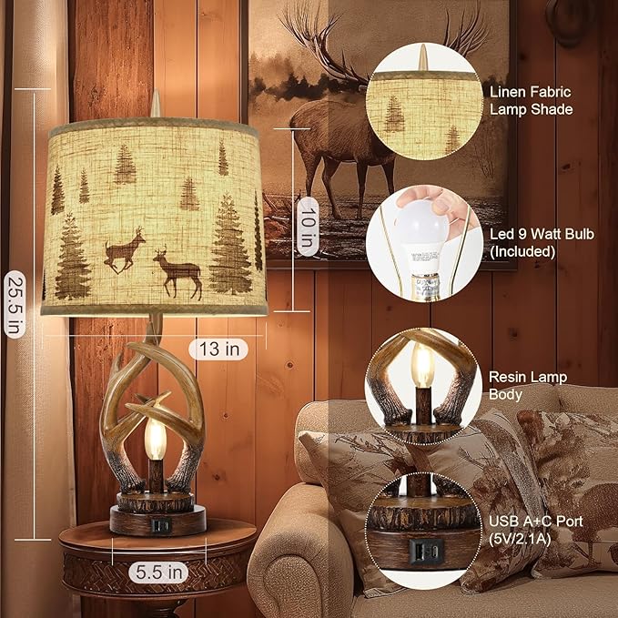 Scenekoy Rustic Farmhouse Antlers Table Lamp Set of 2 with Nightlight Dual USB Ports Linen Fabric Round Shade Bedside Lamp Decor for Living Room Bedroom Office House
