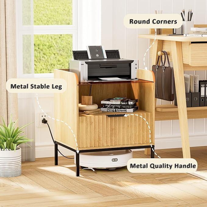 Nightstand Set of 2 with Charging Station, Mid Century Modern Night Stand, Fluted Bedside Table with Glass Top & Metal Legs, Wood End Table for Bedroom, Living Room (Natural)