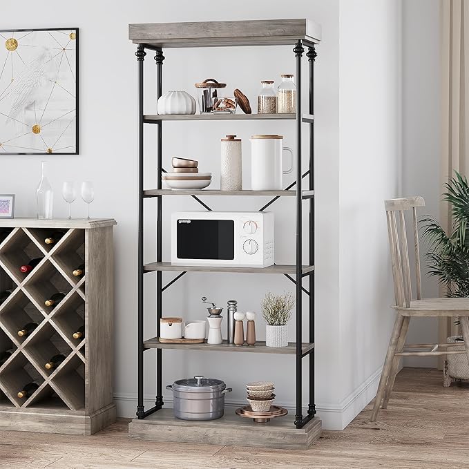 IDEALHOUSE Industrial Bookshelf Wood Bookcase 6 Tier Storage Open Rack Shelf with Metal Frame Rustic Tall Standing Bookshelves Large Grey Display Rack for Bedroom,Living Room and Home Office