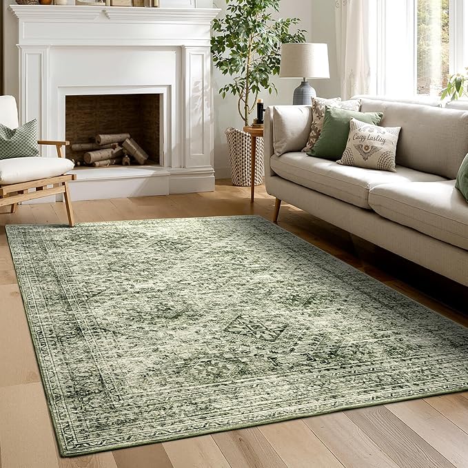 MIULEE 5x7 Vintage Living Room Rug Washable Area Rugs Low Pile Floor Mat for Bedroom Dining Room Non-Slip Stain Resistant Soft Indoor Carpet for Home Decor, Green
