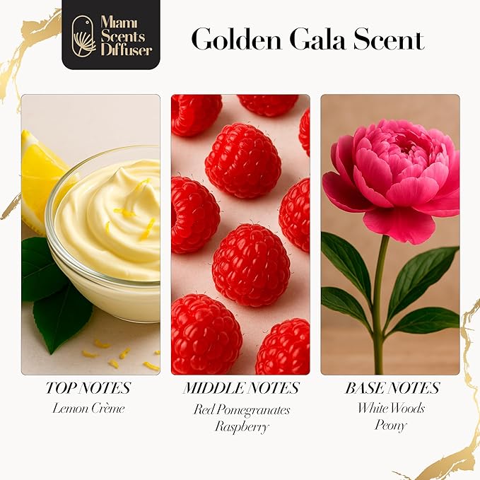 Golden Gala Scent Inspired by Aria Hotel 4 Fl Oz - 120 ml Essential Oils Aroma for Home Office Diffuser Luxury Fragance Refill - Aromatherapy Fresh Natural Blend of White Wood, Pomegrante and Peony.
