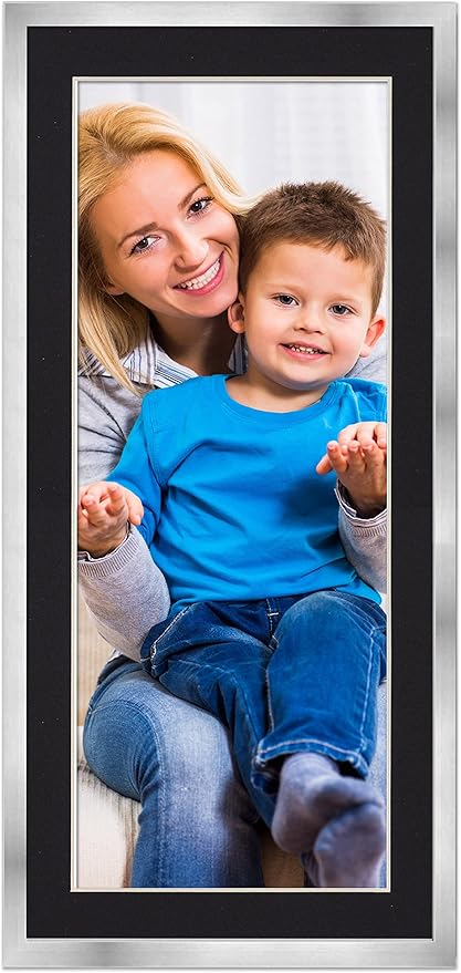 13.5x40 Frame with Mat - Silver 16x43 Frame Wood Made to Display Print or Poster Measuring 13.5 x 40 Inches with Black Photo Mat