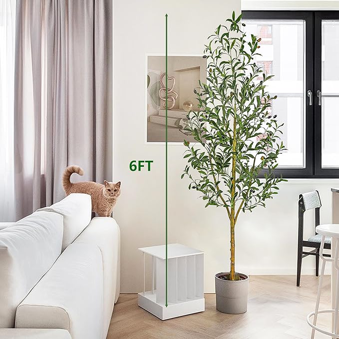 Artificial Olive Tree Artificial Plants, Tall Faux Olive Silk Plant with White Planter Home Office Decor Indoor Fake Potted Tree with Lifelike Fruits Housewarming Gift (1, White, 6FT)
