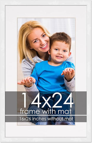 14x24 Frame with Mat - White 16x26 Frame Wood Made to Display Print or Poster Measuring 14 x 24 Inches with White Photo Mat