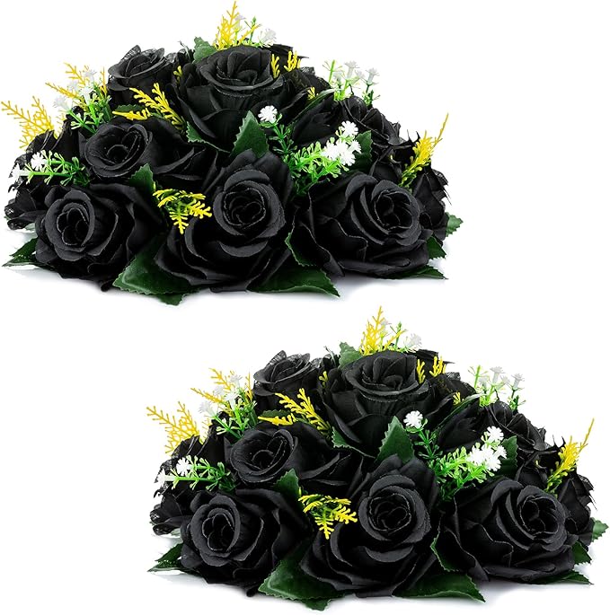 NUPTIO Black Roses Artificial Flowers - 2 Pcs Fake Flower Bouquet With Hydrangea, 15 Heads Fake Roses With Base, Real Looking Artificial Flowers