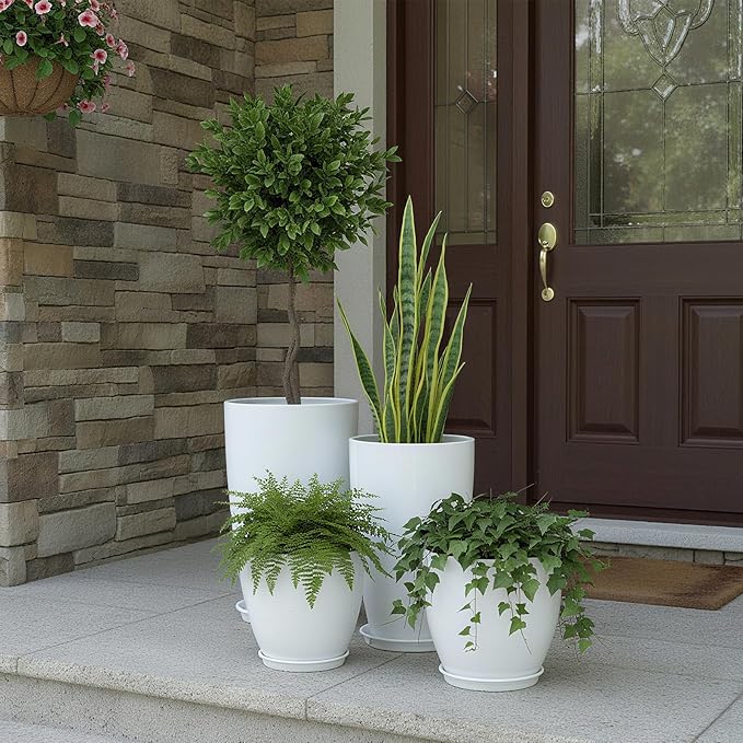ZMTECH 24/21/12/10" H Large Plastic Planters with Drainage Hole and Saucer -Set of 4 Tall Plant Pots for Indoor & Outdoor Use,White Glossy Smooth Lightweight Flower Pot for Front Porch Patio Deck