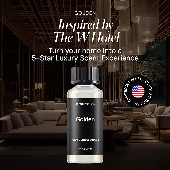 Golden Diffuser Fragrance Oil, Opulent Resort-Style Aroma,  Essential Oils Blend for Home, Ultrasonic & Waterless Diffusers  | Bergamot, Jasmine & Lemongrass |  4.05 fl oz, 120 mL