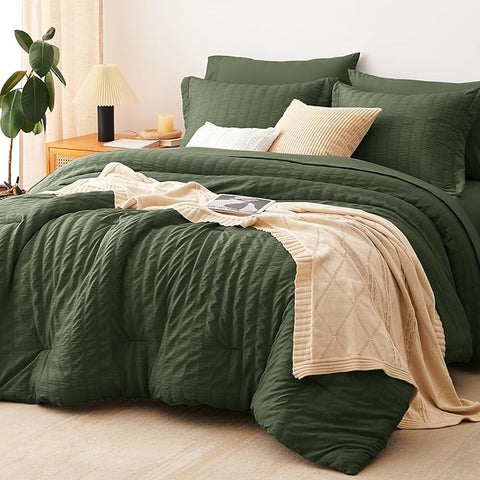 CozyLux Full Size Comforter Sets with Sheets Seersucker 7 Pieces Olive Green Bed in a Bag Textured Luxury Soft Bedding Set with Down Alternative Comforter, Sheets, Pillowcases & Shams for All Seasons