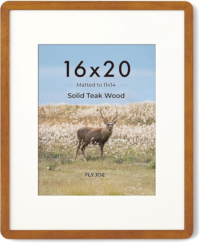 16 x 20 Picture Frame - Solid Teak Wood 16x20 Poster Frame, 16''x20'' Picture Frame With Mat For 11x14, Tempered Glass and Hanging Hardware Included, 20 x 16 Wall Art Wood, Natural Teak