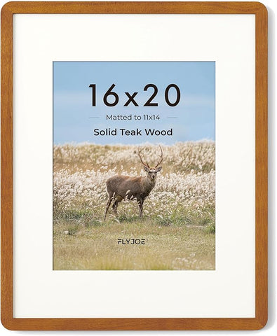 16 x 20 Picture Frame - Solid Teak Wood 16x20 Poster Frame, 16''x20'' Picture Frame With Mat For 11x14, Tempered Glass and Hanging Hardware Included, 20 x 16 Wall Art Wood, Natural Teak