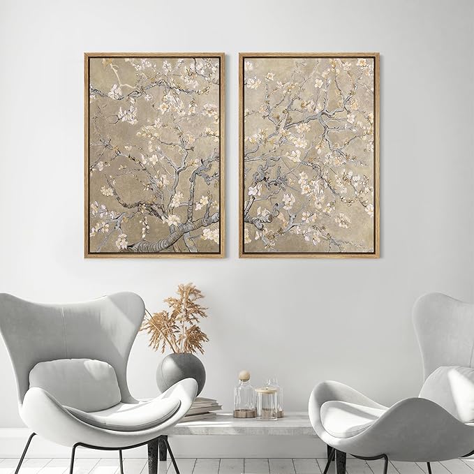 MUDECOR Framed Canvas Print Wall Art Blossoming Almond Tree Elegant Floral Illustrations Modern Art Decorative Bohemian Calm/Zen for Living Room, Bedroom, Office - 16"x24"x2 Natural