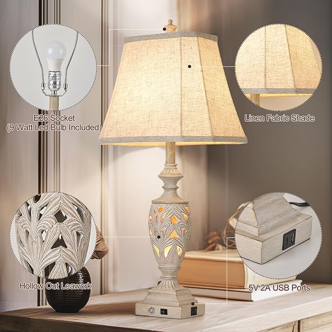 29.5"H Touch Control Traditional Table Lamp Set of 2,Vintage Bedside Lamp Nightstand Lamps with Dual USB Ports,3-Way Dimmable Hollow Out Leafwork White Washed Finish Desk Lamps for Living Room,Bedroom