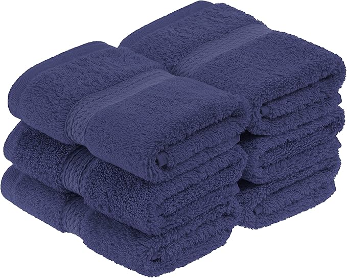 BLUENILEMILLS BNM Egyptian Cotton 6-Piece Towel Set, Includes 6 Face Towels, Attached Loop for Easy Hanging and Storage, Hotel Quality, Perfect for Bathroom, Gym, Shower Space, or Spa, Navy Blue