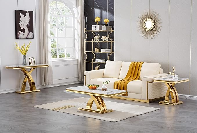 SSLine Modern White Faux Marble End Table Luxury Square Sofa Side Table with Gold Pedestal Base Mid-Century Elegant Bedside Table w/Mirrored Stainless Steel Frame for Living Room Bedroom
