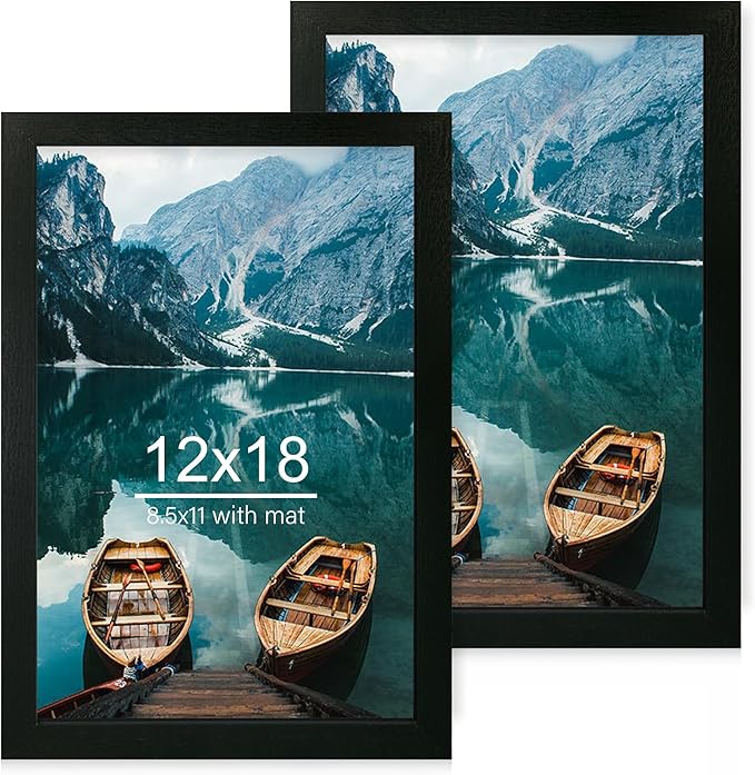 12x18 Frame Set of 2, Rustic Black Wood Style, Display 12 x 18 Poster without Mat or 8.5x11 Picture with Mat, Wall Mounting Horizontal and Vertical