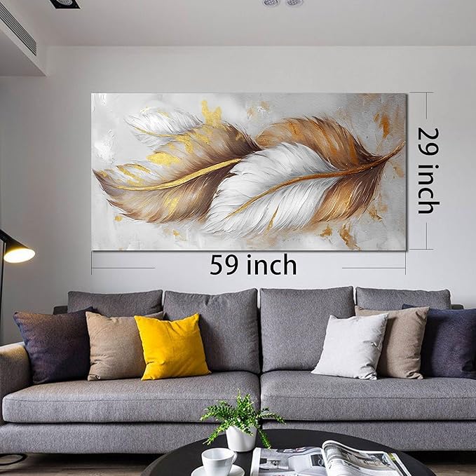 Leaf Canvas Wall Art for Living Room Large Size - White and Brown Gold Pictures Wall Art for Bedroom - Modern Wall Art Office Size 29" x 59"