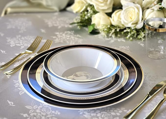 " OCCASIONS " 240 Plates Pack,(120 Guests) Heavyweight Premium Disposable Plastic Plates Set -120 x 10.5'' Dinner + 120 x 7.5'' Salad/Dessert (Ritz Black and Gold)