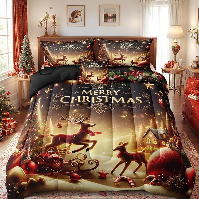 Bedrom Merry Christmas Bedding Comforter Black Gold Comforter Queen Snowflake Winter Xmas Theme Cute Deer Christmas Tree Bedroom Comforter Set