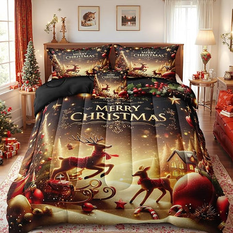 Bedrom Merry Christmas Bedding Comforter Black Gold Comforter Queen Snowflake Winter Xmas Theme Cute Deer Christmas Tree Bedroom Comforter Set