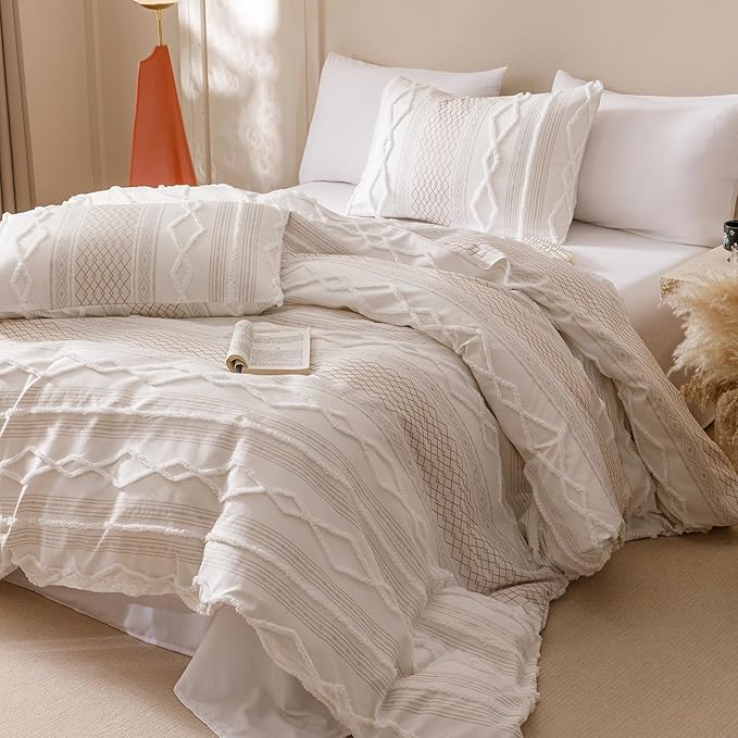 CLOTHKNOW Boho White Comforter Set King 3Pcs Farmhouse Bedding Comforter Sets Clipped Jacquard Stripes Comforter White Khaki Comforter Soft