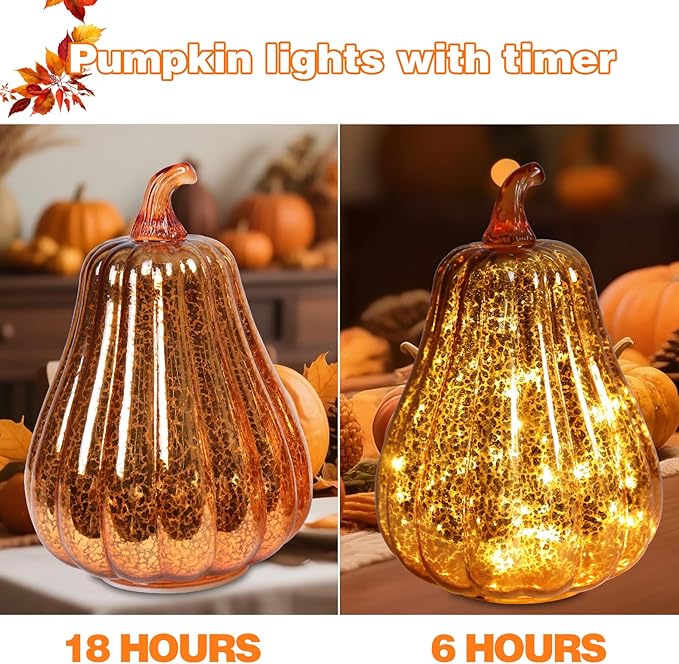 Fall Lighted Glass Pumpkins Set of 3 – Battery Operated Mercury Glass Pumpkin Decor with LED Lights, Autumn Thanksgiving Halloween Table Centerpiece Decorations for Home, Fireplace, Mantel, 8"/7"/6"