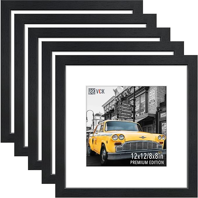 VCK 12x12 Picture Frame Black Set of 5, Textured Exclusive Square Wooden Photo Frames with HD glass | Matted to 8x8 or 12x12 without Mat | Wall Hanging