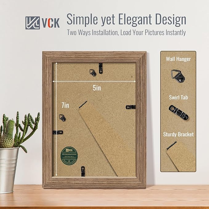 VCK 5x7 Picture Frame 5 Pack - Walnut, High-End Wood Poster Frames with Tempered Glass, Display 4x6 Photo with Mat or 5x7 without Mat, Art Gallery-Quality, Wall Hanging/Tabletop, Walnut
