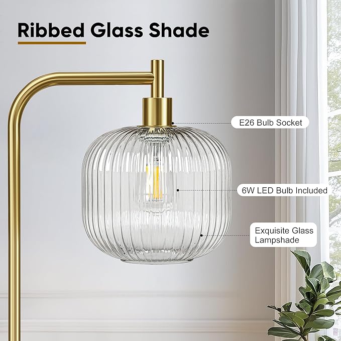 QiMH Glass Floor Lamp for Living Room, Modern Standing Lamp with Ribbed Clear Glass Lampshade Pedal Switch, 67” Tall Lamp for Bedroom Study Room, Brushed Gold (2700K LED Bulb Included)