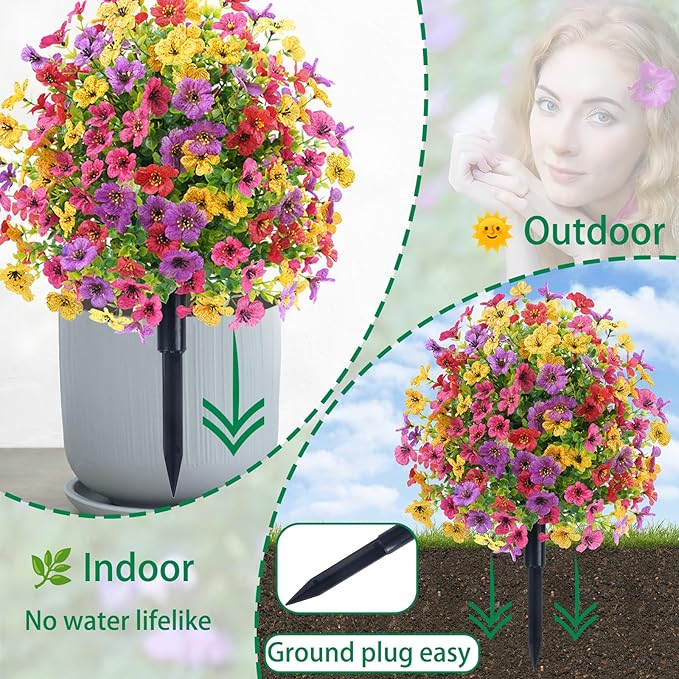 Violet Outdoor Flowers UV Resistant, Ideal Faux Flower for Outdoor Planters in Garden, Patio, Yard, Staircase, Front Porch Decor (Colorful)