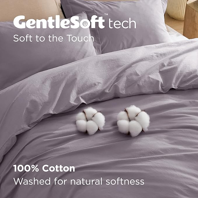 Bedsure 100% Washed Cotton Duvet Cover King Size - Lavender Minimalist Cotton Duvet Cover Linen Like for All Seasons - GentleSoft™ Plain Simple Bedding, 3 Pieces (Lavender, King, 104"x90")
