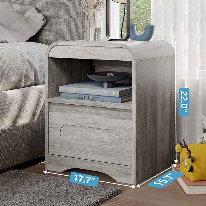Night Stand Nightstand with Drawer Storage Curved Bed Side Table End Table Large Modern Wide Bedside Stand Tall Night Stands for Bedroom Living Room Sofa Couch Home Office, Grey