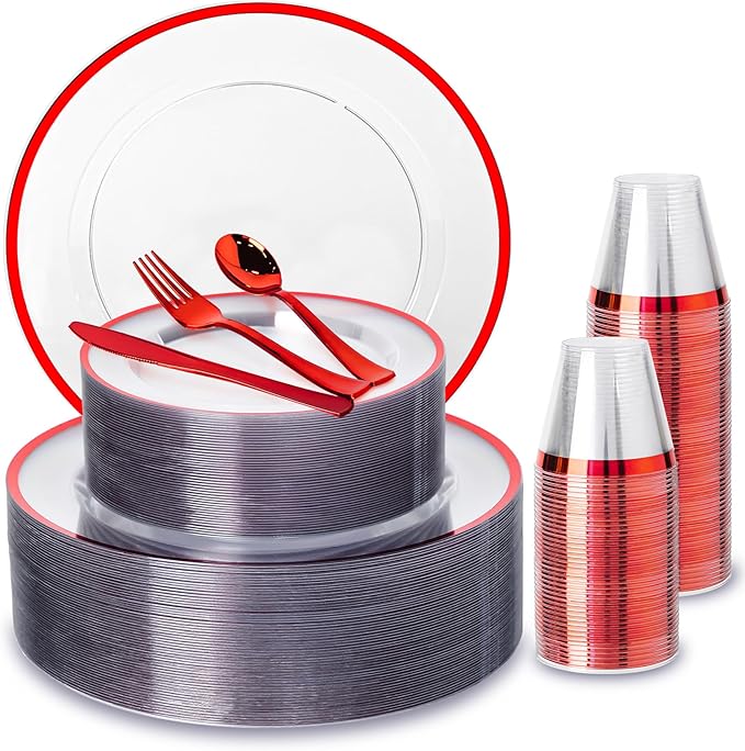 N9R 600PCS Red Disposable Plates, Heavy Duty Plastic Dinnerware Set for 100 Guests Includes 100 Dinner & Dessert Plates, Cups, Spoons, Forks, and Knives, Perfect for Parties, Weddings,and Daily Use