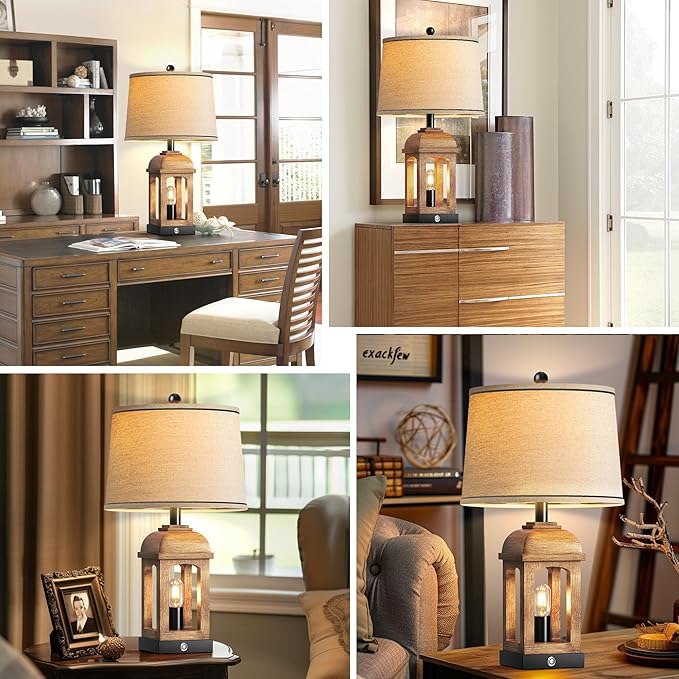 QiMH Table Lamp for Living Room, Farmhouse Lamps with USB A+C and Nightlight, 26" Rustic Bedside Lamps with 3-Way Dimmable Touch Control, Nightstand Lamp for Bedroom, Wood Grain, 1 Pack