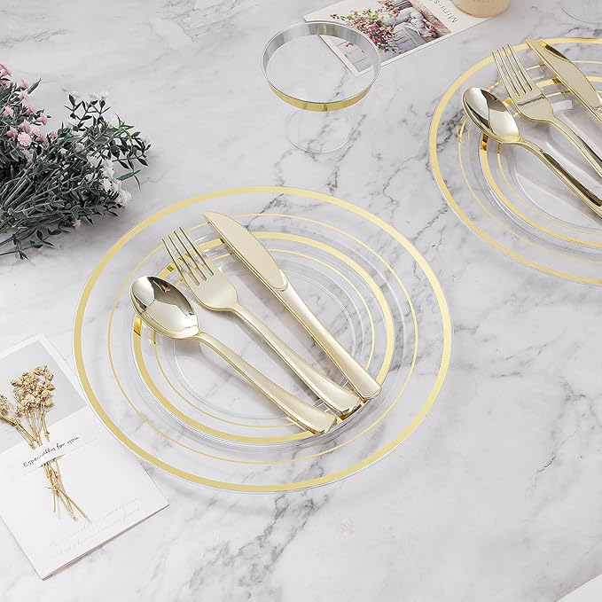 100PCS Clear Plastic Plate, Disposable Party Plates with 50 Dinner and 50 Dessert Plates, Plastic Plate for Party, Wedding and Birthday