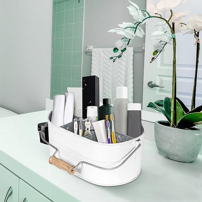 Alpha Living Home Rustic Galvanized Heavy Duty Metal Utensil Caddy – 4-Compartment Organizer with Removable Handle, White Farmhouse Chic Design for Kitchen, Picnics & Parties (White)