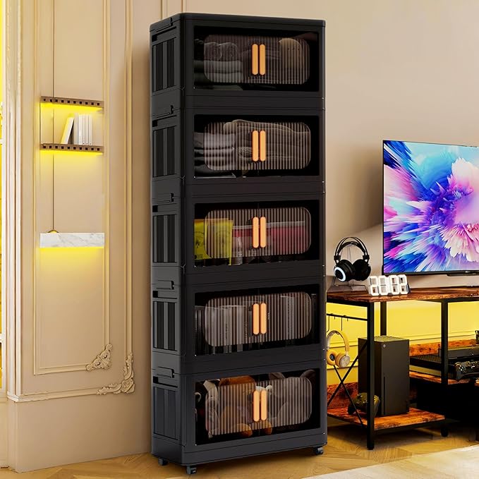 Holaki 320 QT Collapsible Closet Organizers with Lid, 5 Tiers Stackable Plastic Storage Bins Cabinet with Wheels and Magnetic Door (Black Larger)