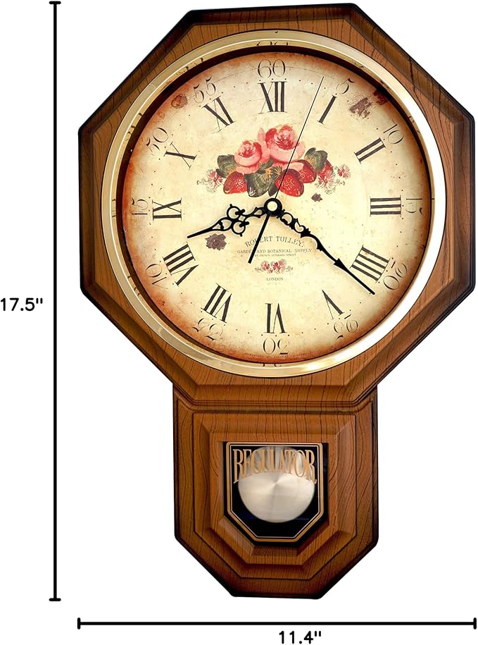 JUSTIME Traditional Schoolhouse Classic Vintage Rose Regulator Wall Clock, Chiming Wall Clocks with Pendulum & Westminster Chime Hourly, Schoolhouse Wall Decor Battery Operated (Light Wood Grain)