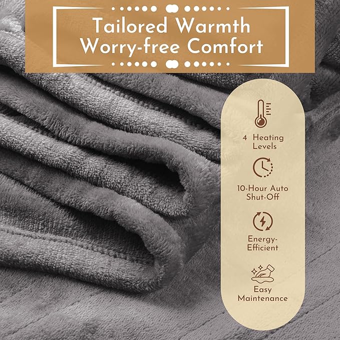 Electric Throw Blanket 50"x60" Throw Size with Cozy Flannel, 5 Heat Settings & 3 Hours Auto Off, Cozy & Warm for All Night, Machine Washable, Light Grey