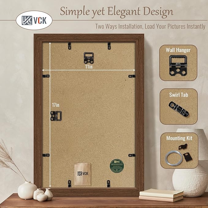 VCK 11x17 Picture Frame 5 Pack, Brown Wood Poster Frame with Exclusive Wood Grain, Wall Hanging