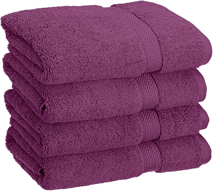 BLUENILEMILLS BNM Egyptian Cotton 4-Piece Towel Set, Includes 4 Hand Towels, Attached Loop for Easy Hanging and Storage, Hotel Quality, Perfect for Bathroom, Gym, Shower Space, or Spa, Plum