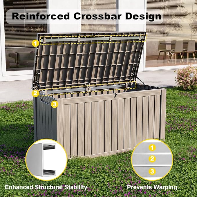 Gallon Large Deck Box,Resin Outdoor Storage Box with Lockable for Patio Furniture, Pool Accessories, Garden Tools Waterproof Outside Storage Box, Grey
