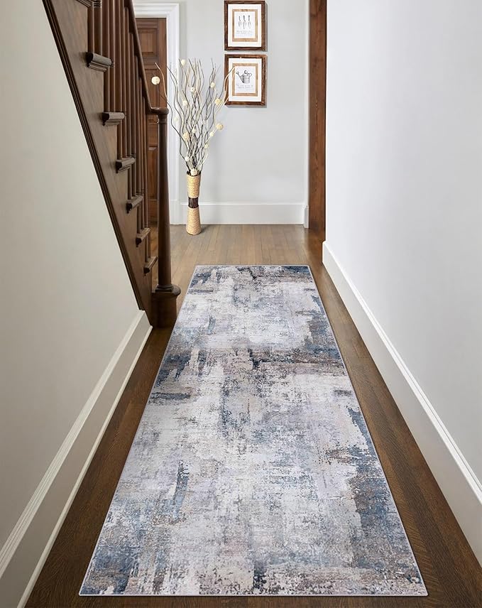 vivorug Runner Rug 2x10 Machine Washable Rug with Non-Slip Backing, Ideal for Kitchen Hallway Entryway Laundry Room - Modern Abstract, Durable, Easy Clean, Low Pile Carpet Runner, Grey/Navy