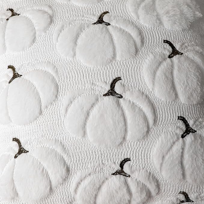 4TH Emotion Fall Pumpkins Decorative Pillow Covers 16x16 Set of 2, White Soft Plush Faux Fur Wool Farmhouse Throw Cushion Cases for Autumn Thanksgiving Holiday Home Decorations