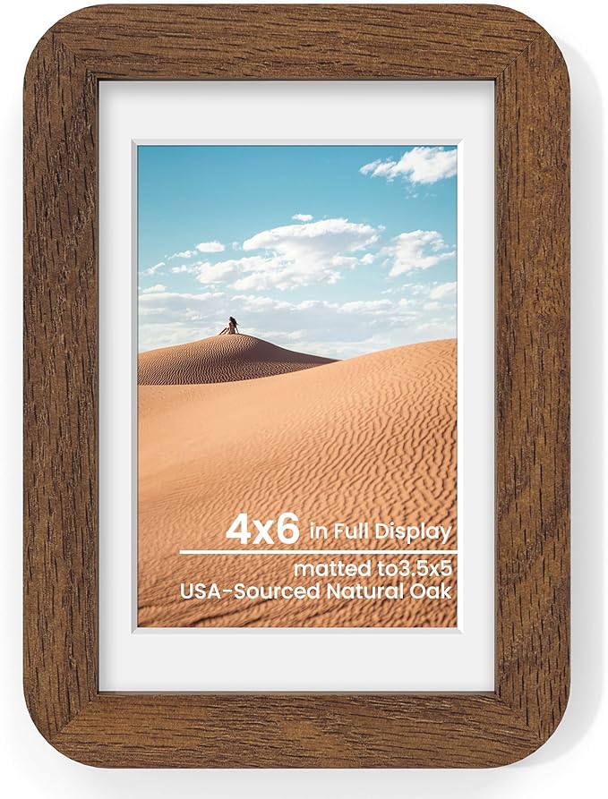 4x6 Round Corner Picture Frame, Solid Oak Wood Photo Frame With Mat For 3.5x5, Shatterproof Plexiglass Includes Hanging Hardware For Wall Hanging Or Tabletop Display Frame, Walnut, 1 Pack