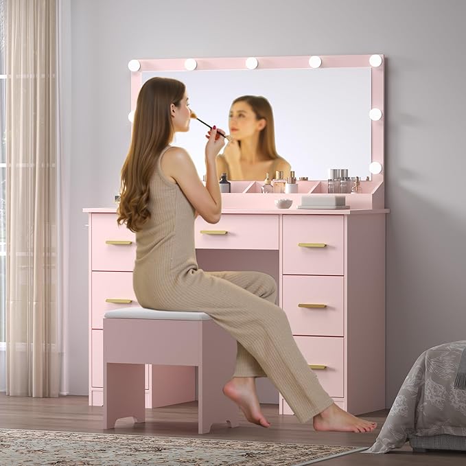 Makeup Vanity with Large Lighted Mirror and Chair, 7 Drawers Vanity Makeup Desk Table with Power Strip, Adjustable Lighting, and Cushioned Storage Stool for Women, Girls