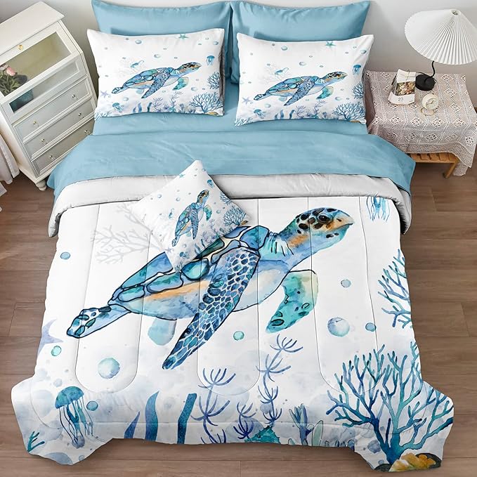 Ocean Themed Bedding Sets 6 Pieces Twin Bed in A Bag Teal Blue Turtle Sea Horse Animal Cartoon Pattern Beach Coastal Bedding Comforter