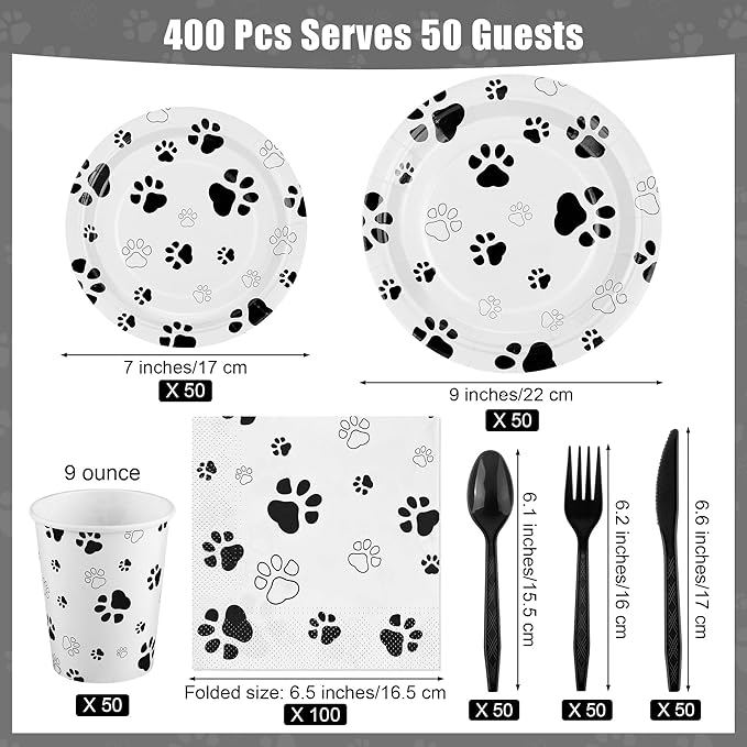 400 Pieces Black Paw Disposable Party Tableware Sets Dog Puppy Supplies Including Plates Cups Napkins Cutlery Serves 50 for Birthday Puppy Theme Party Decorations