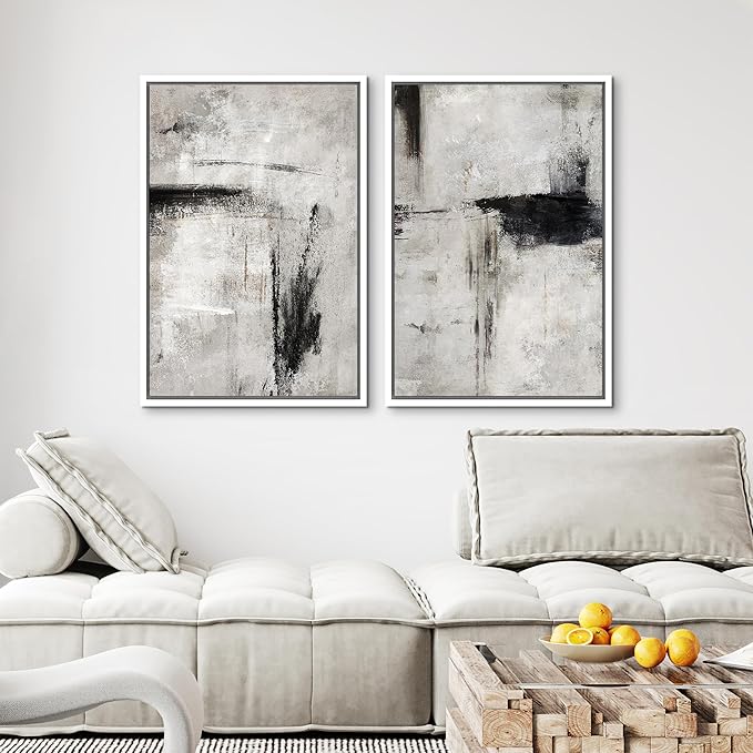 MUDECOR Framed Canvas Print Wall Art Grey Black Abstract Shape Illustrations Modern Art Decorative Bohemian Colorful Chic for Living Room, Bedroom, Office - 24"x36"x2 White